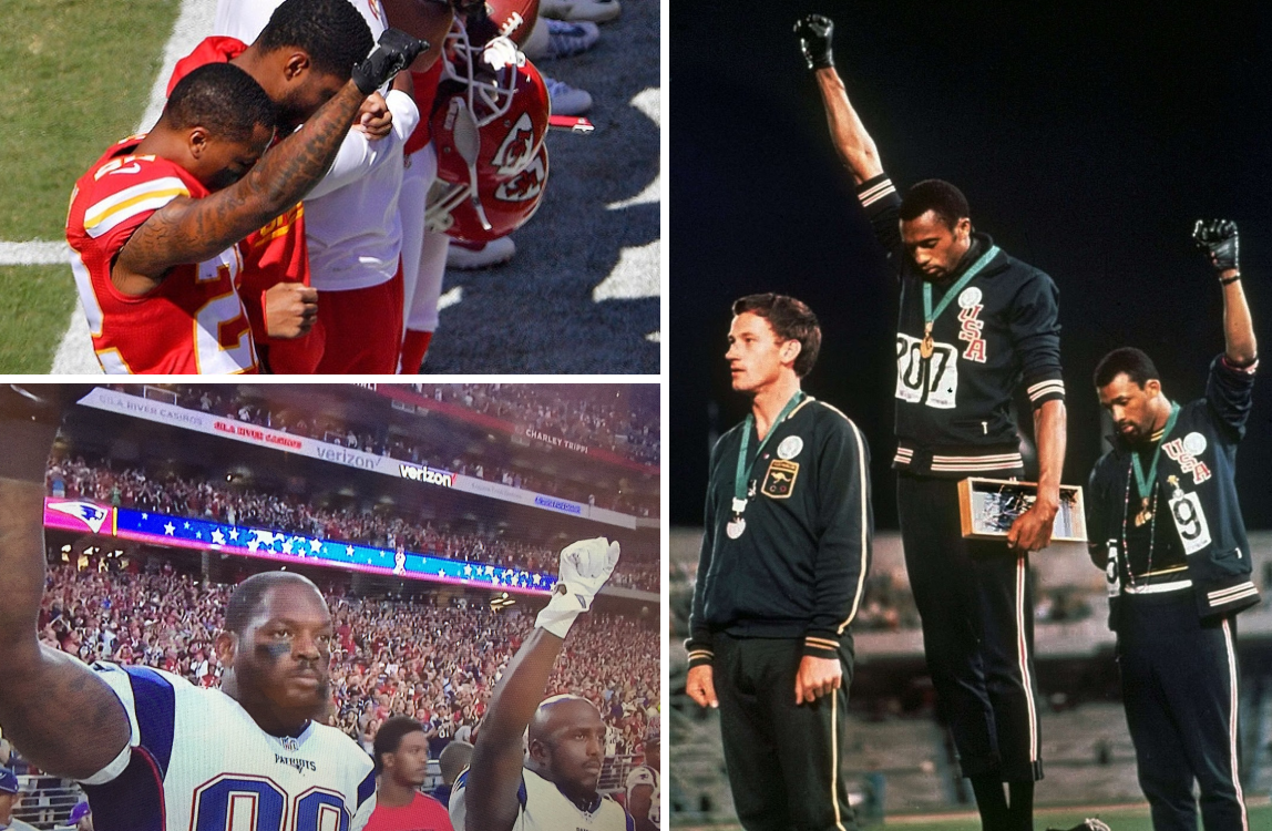 A sinistra Marcus Peters (Kansas City), Martellus Bennett e Devin McCourty (New England), a destra Tommie Smith e John Carlos con Peter Norman